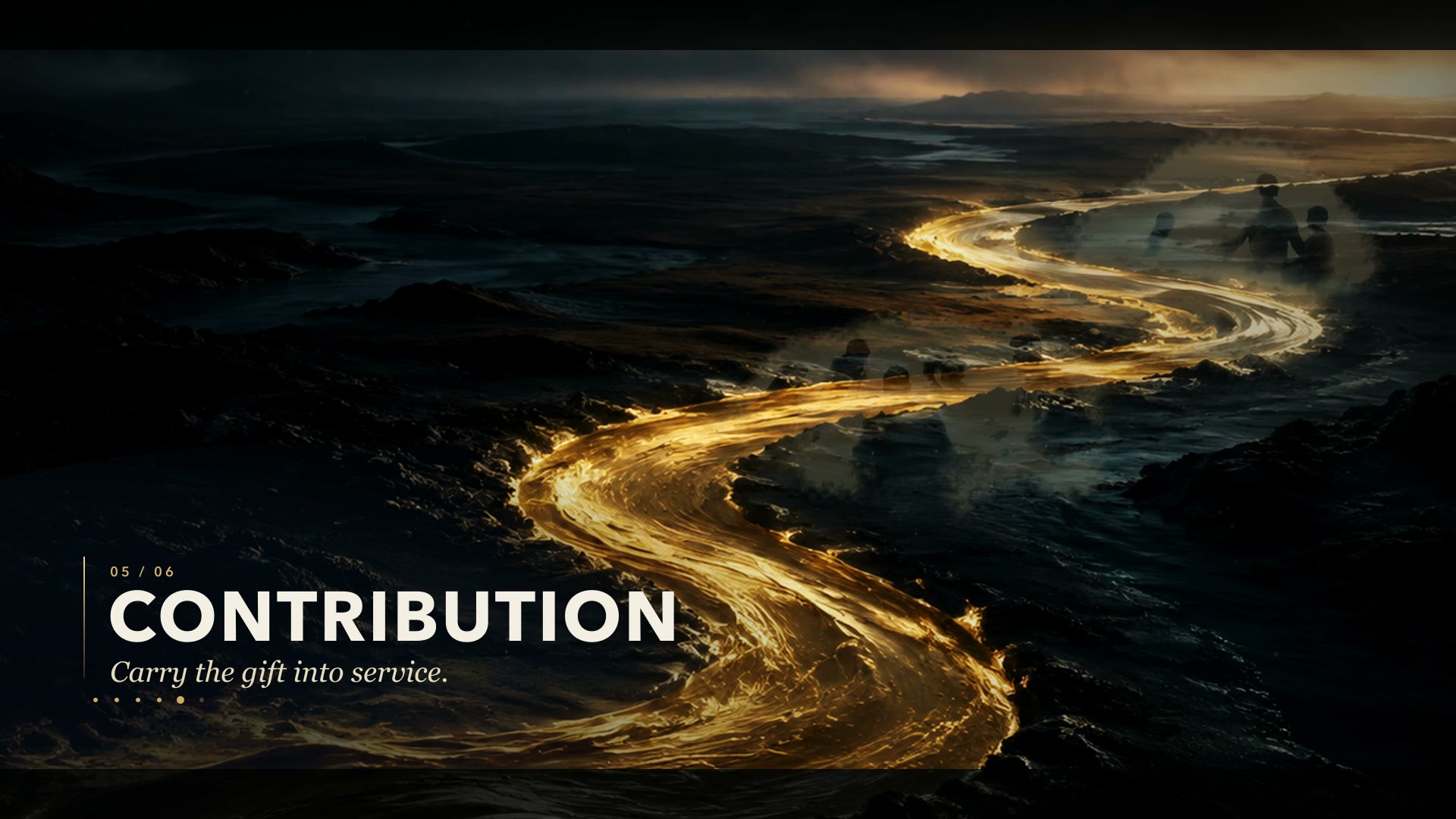 A luminous gold river carrying the Six C Path through a dark landscape, with soft human silhouettes woven into the current