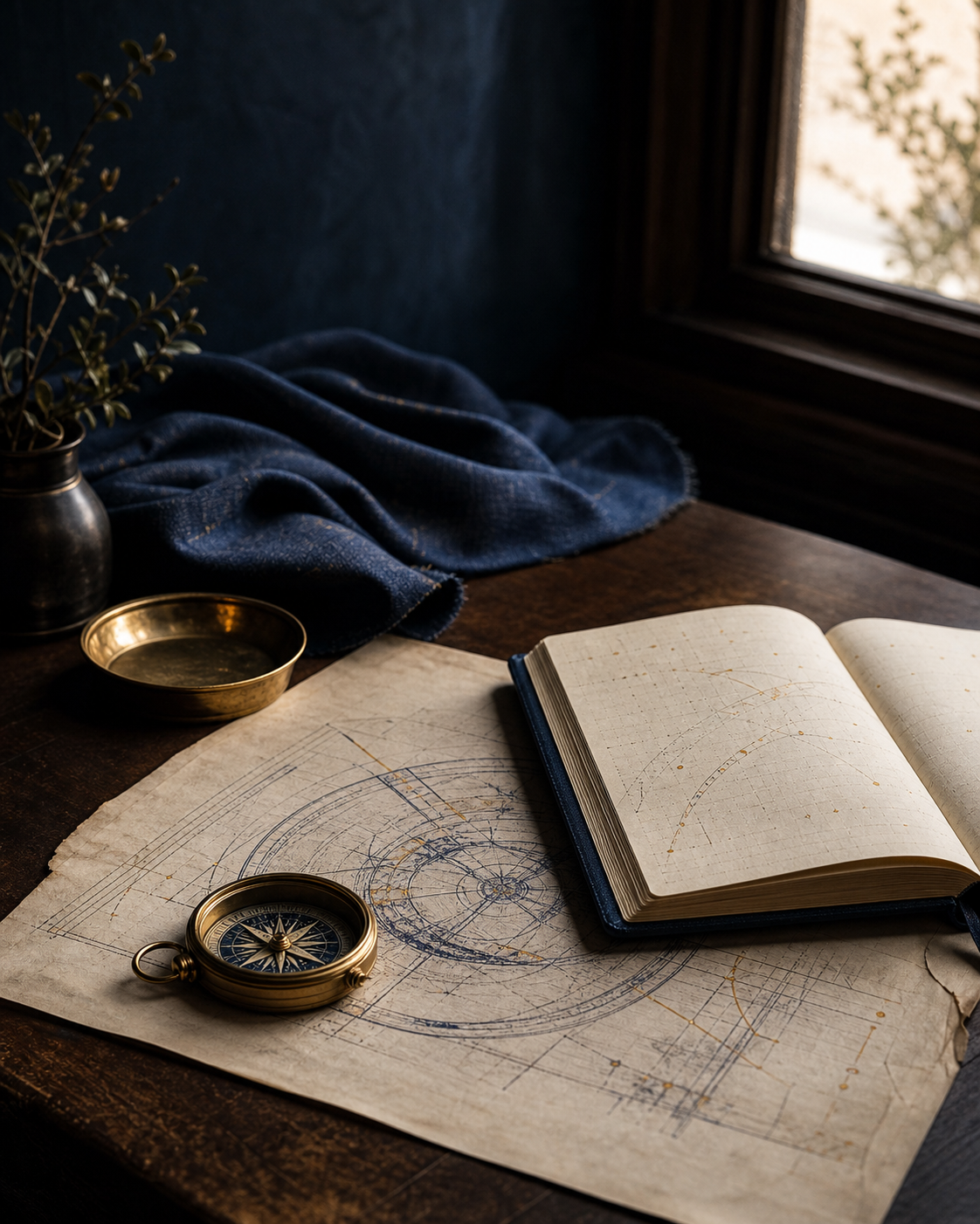 A compass and operating blueprint beside an open notebook
