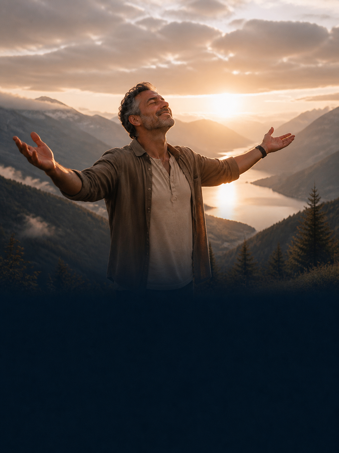 A person welcomes dawn in a mountain valley with grounded joy