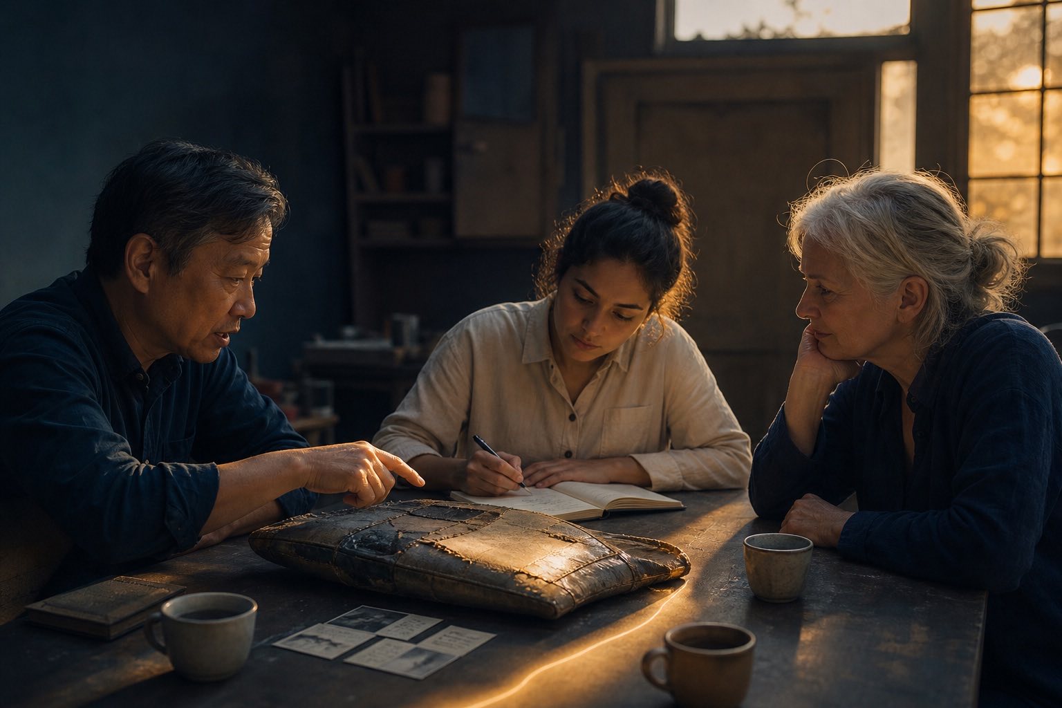 Three collaborators study an imperfect repaired prototype and write the correction for the next cycle