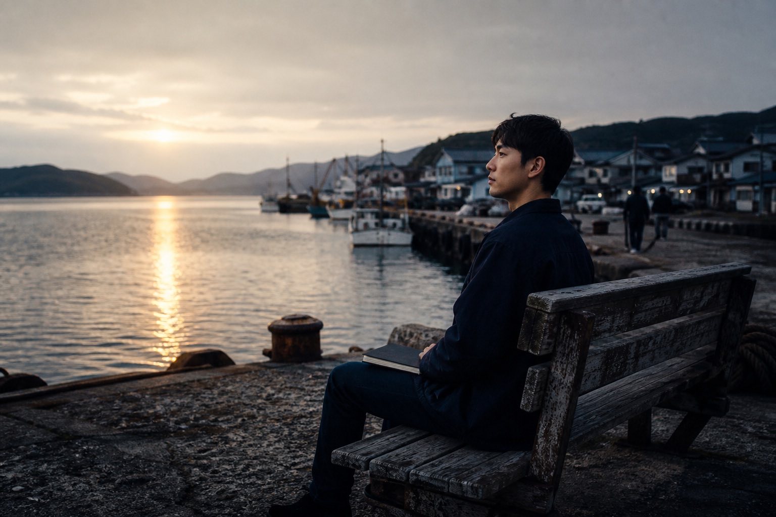 A young man listens quietly at a harbor before sunrise with a closed notebook on his lap