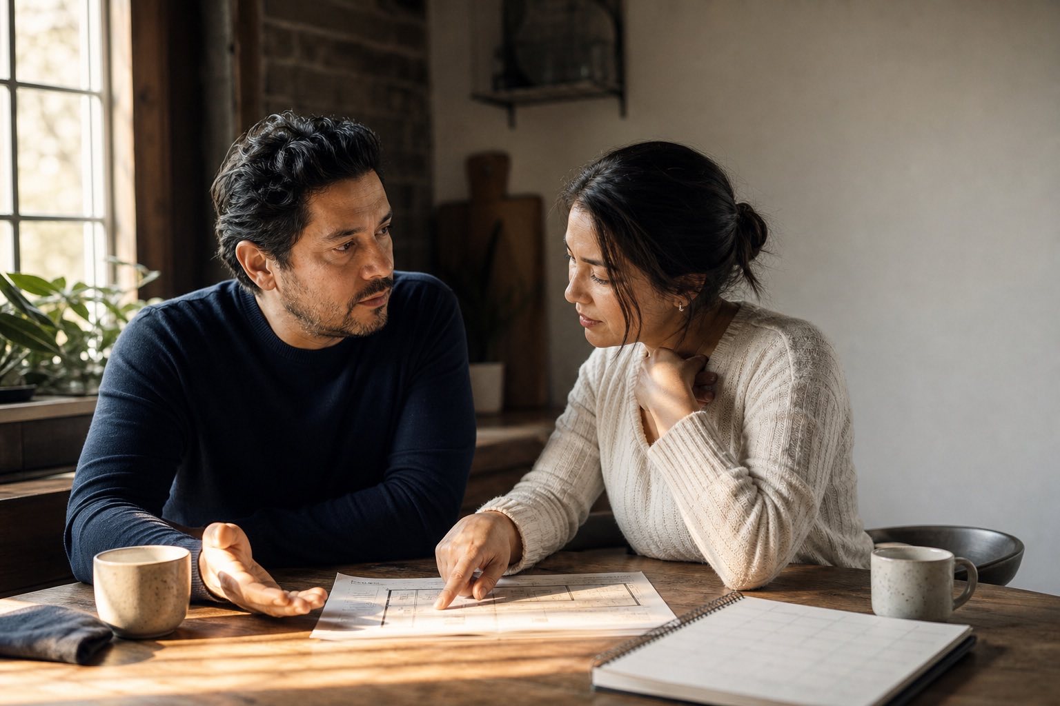 Two partners examine a real plan together as one names a contradiction and the other listens