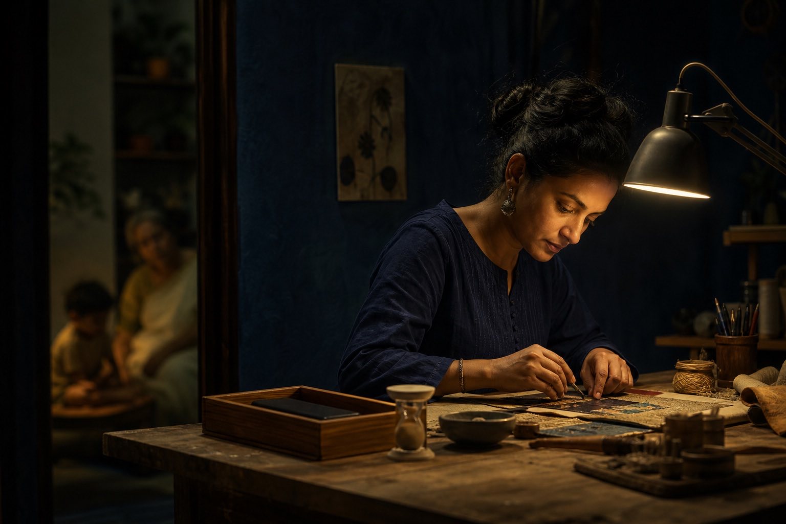 A craftsperson works inside a protected circle of attention while family duties remain visible nearby