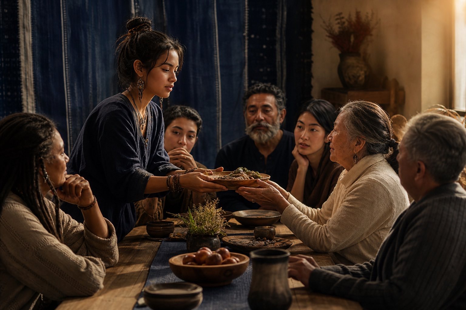 A young maker offers a shared meal across a table as an elder receives it and the group pays attention