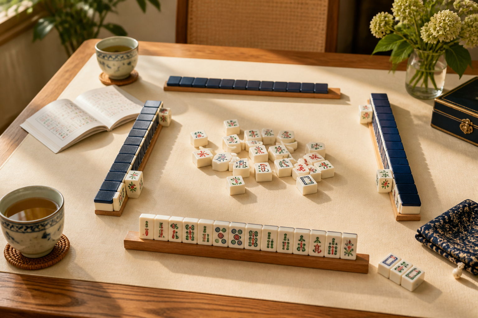 A warm Mah Jongg table with ivory tiles, blue racks, tea, and a beginner reference book; no people are shown
