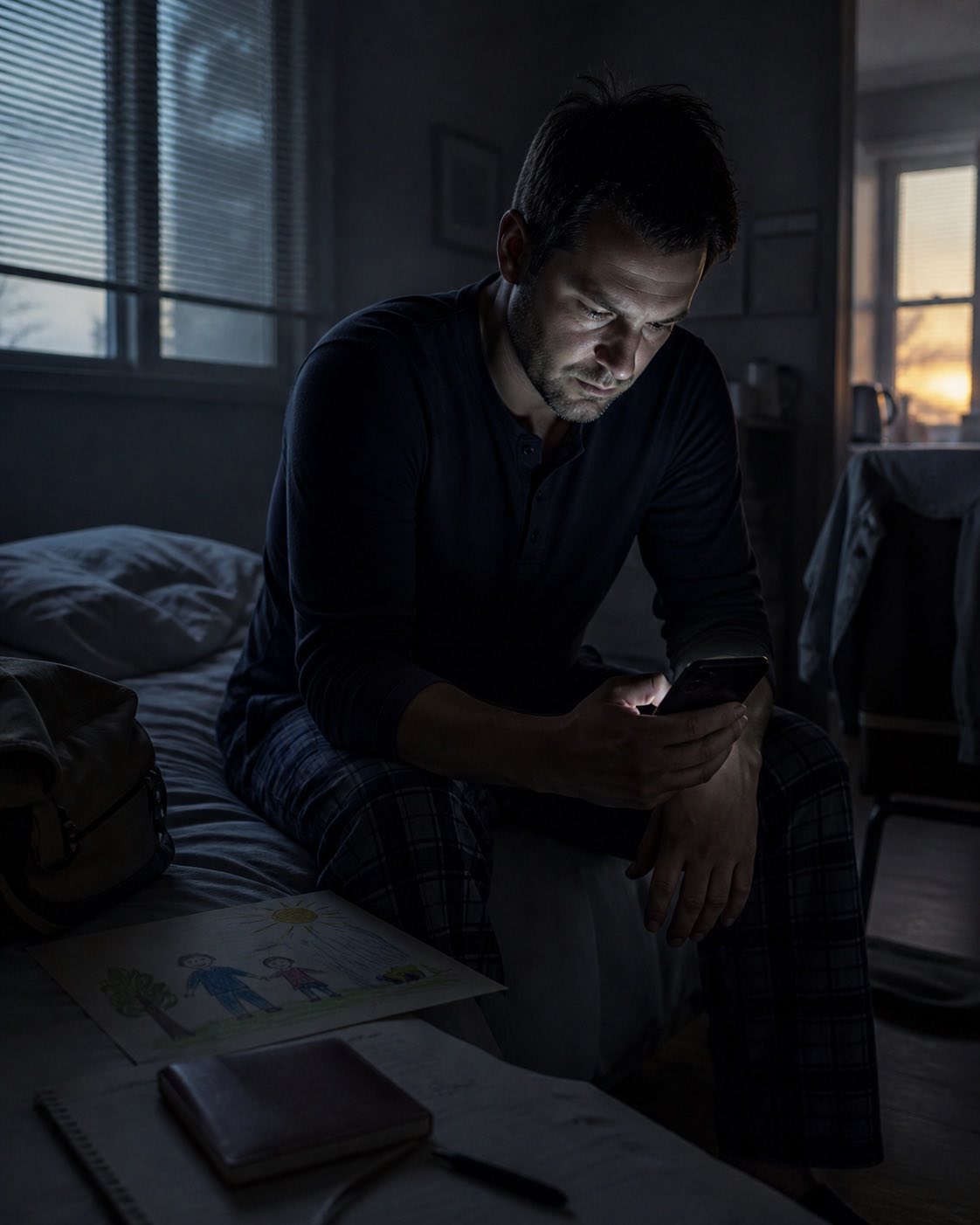 A tired adult sits with a phone before dawn while an unopened notebook and a child's drawing wait nearby