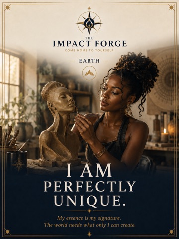 Impact Forge Earth identity card showing an artist shaping a singular work